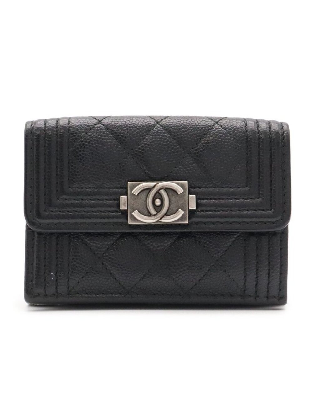 Chanel Boy Quilted CC Logo Small Flap Wallet Caviar Leather Black Silver
